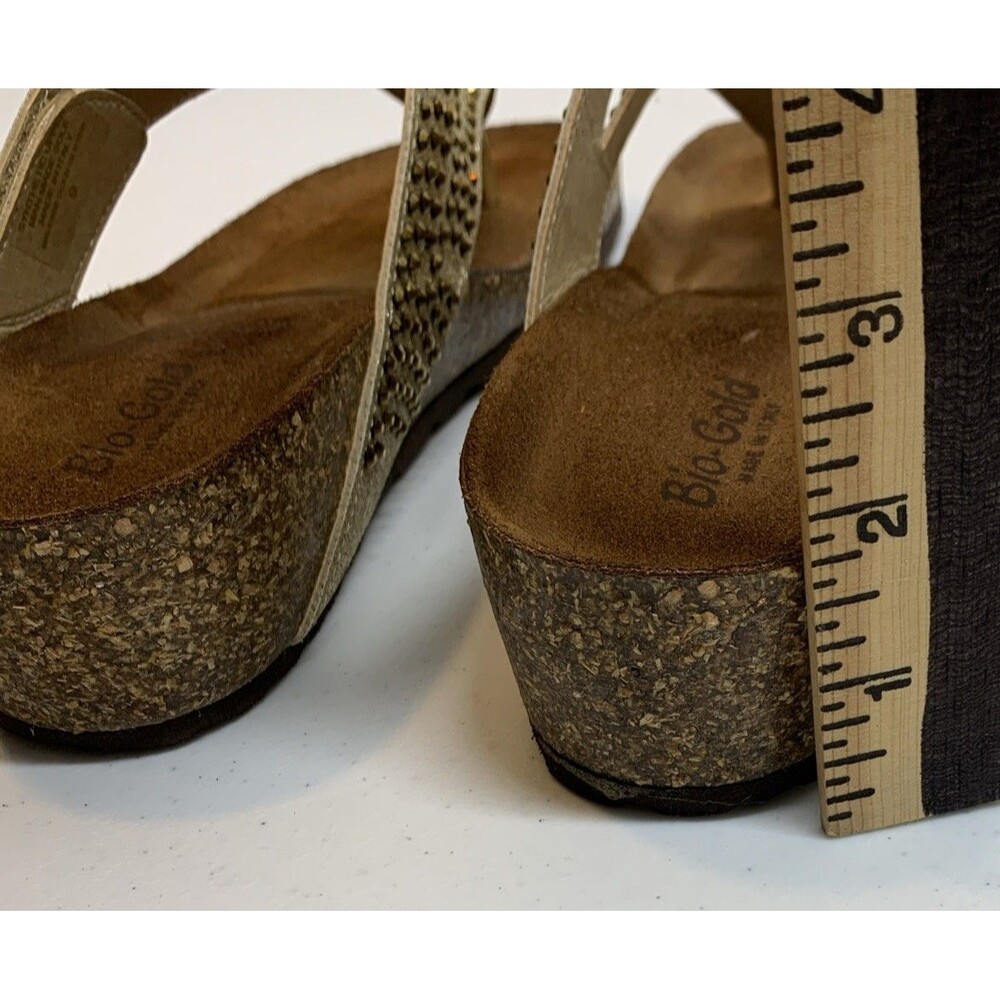 Bio-Gold Italian Wedge Sandals Womens 9 Gold Strappy Rhinestones Glitter Slip On - Picture 7 of 9